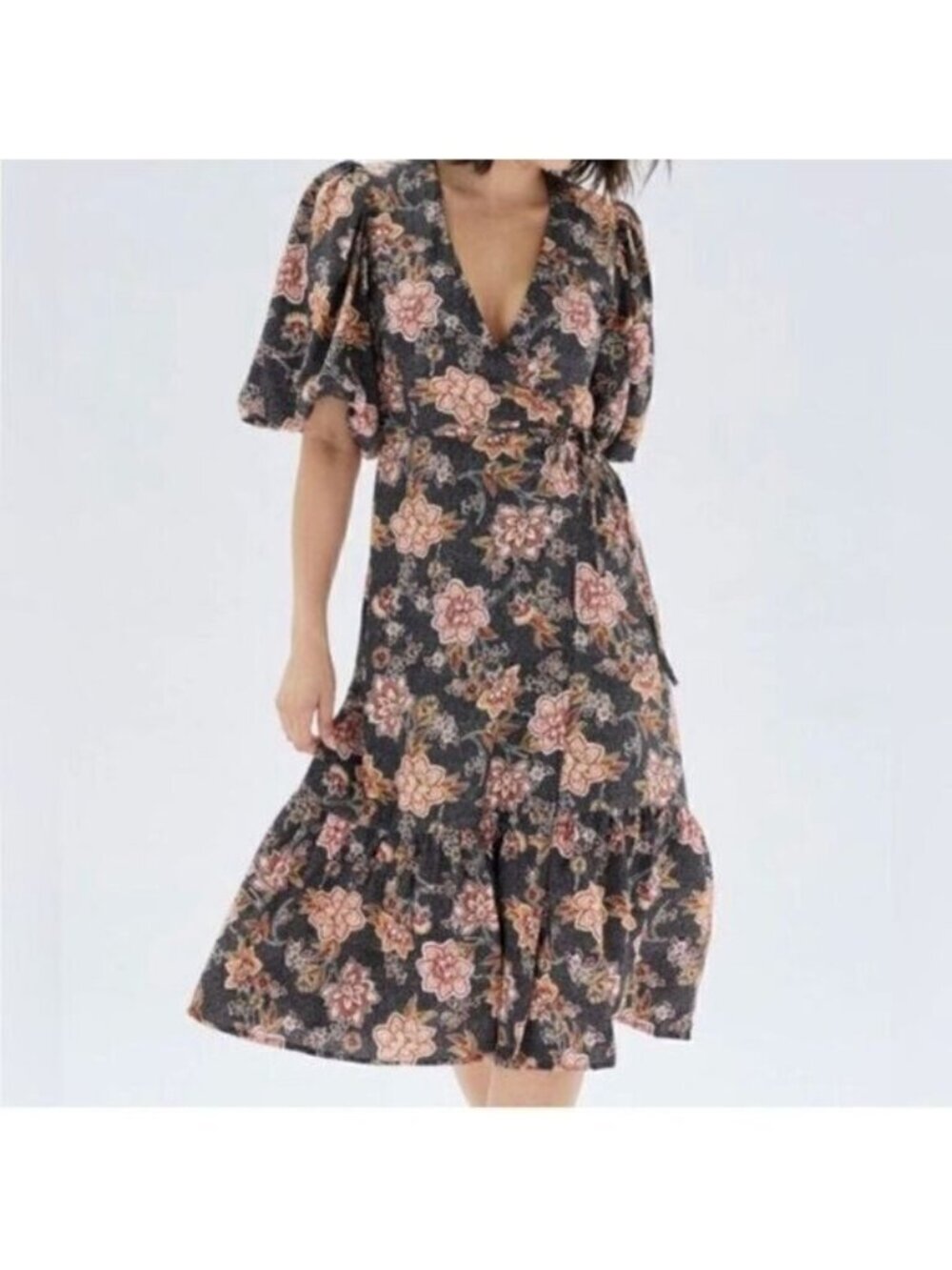 Minkpink Meyhda‎ Floral Puffer Sleeves Wraparound Boho Midi Dress Size Small NWT